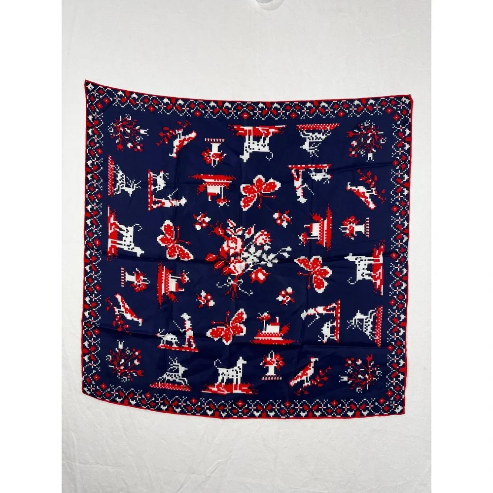 Vintage Sally Gee Silk Blend Scarf Navy Red White‎ Pixel Art Novelty Print Japan